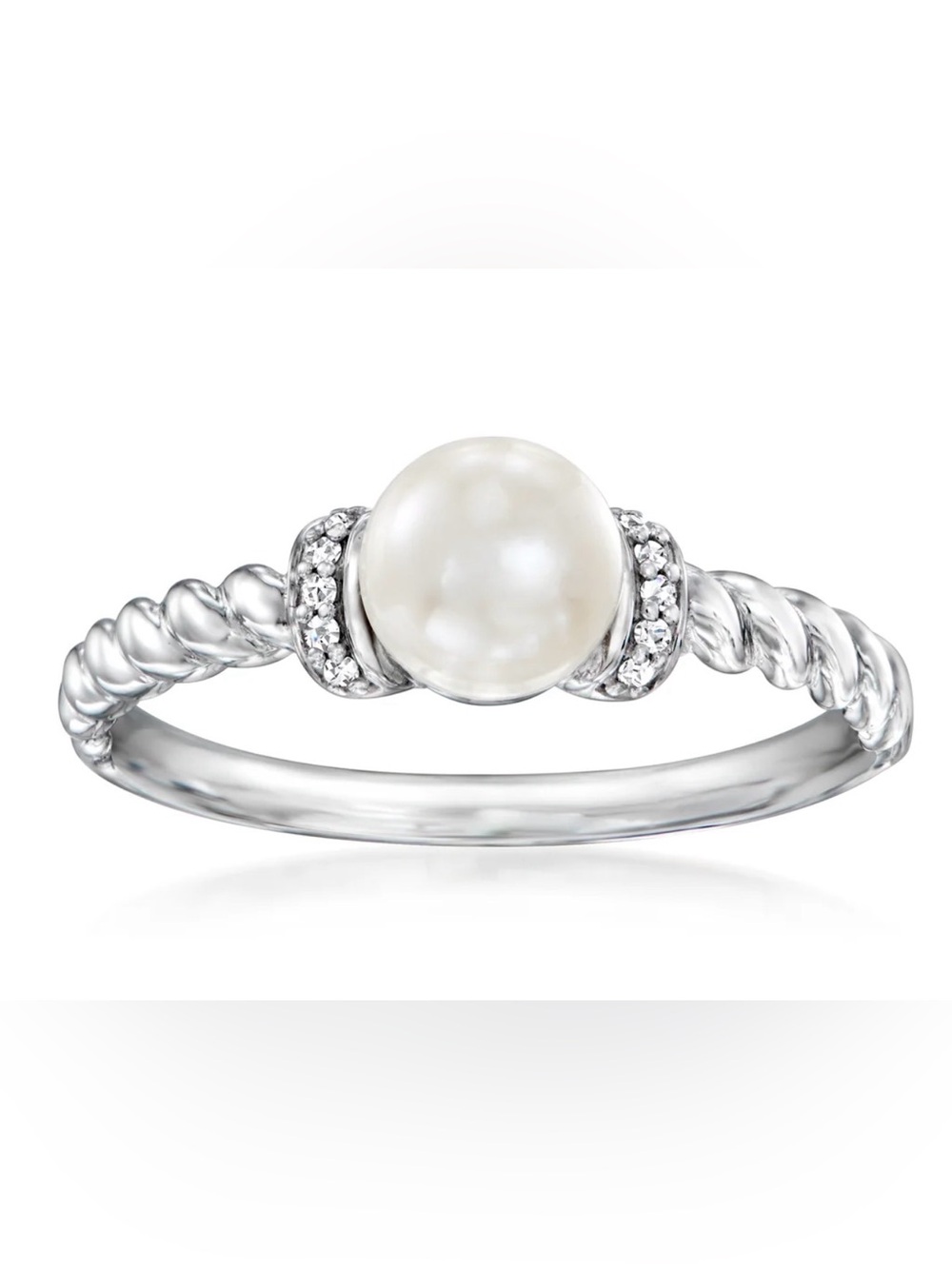 Cultured Pearl Ring with Diamonds in Sterling Silver, 7